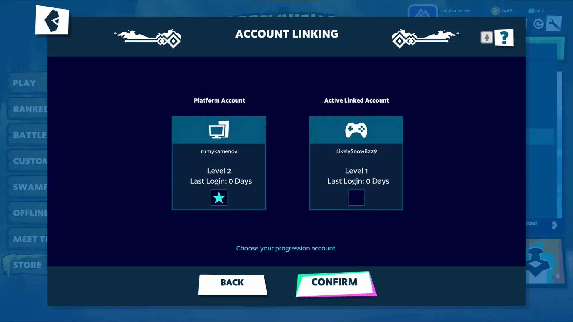 Screenshot of Brawlhalla account linking interface with platform and linked account details.