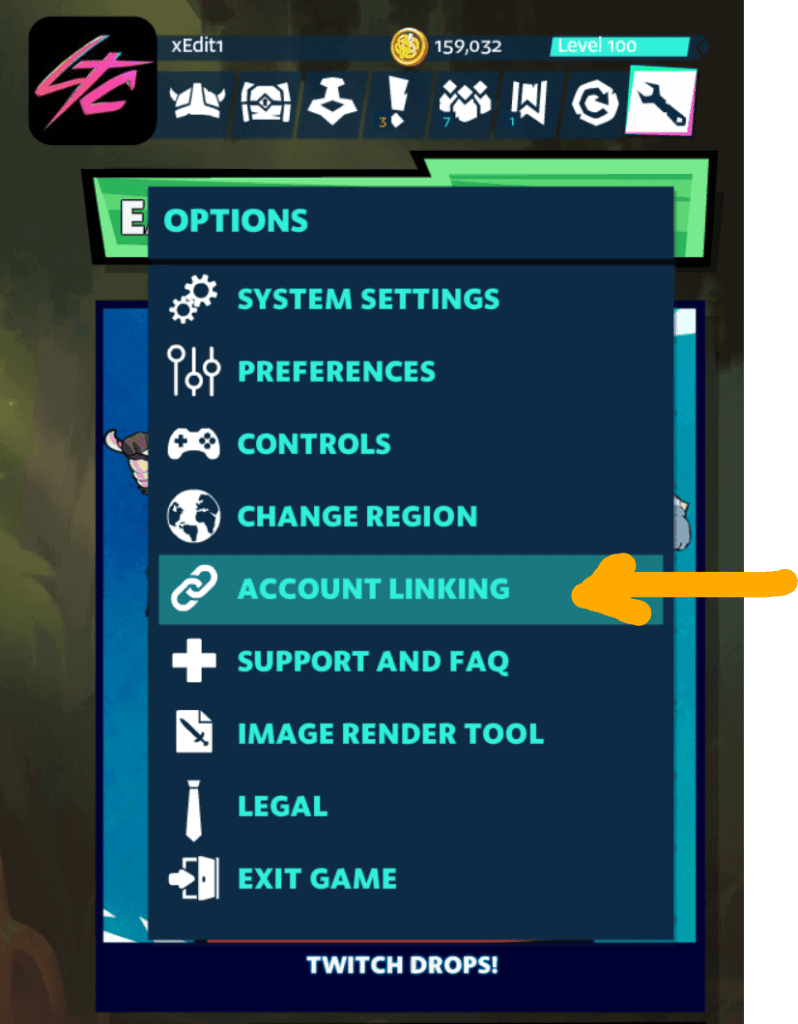 Screenshot of Brawlhalla game menu highlighting Account Linking option.
