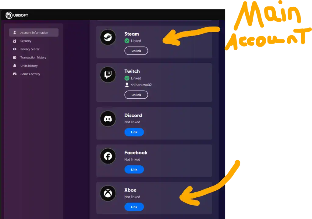 Linked Steam account and unlinked Xbox account on Ubisoft account settings page.