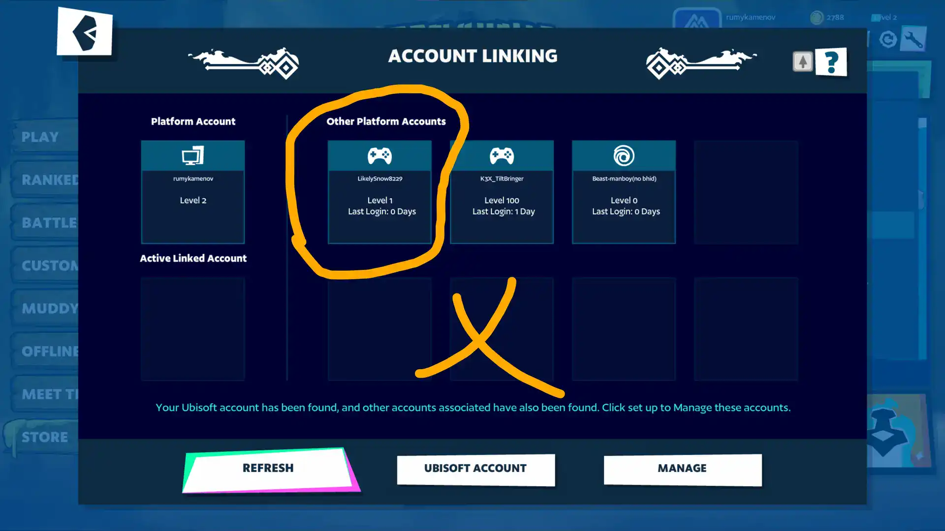 Screenshot of Brawlhalla account linking interface with highlighted 'Other Platform Accounts' option.
