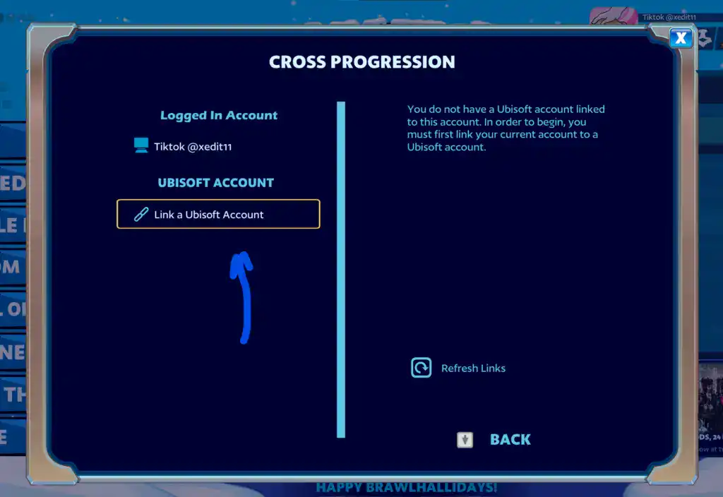 Brawlhalla Shop cross progression screen showing account linking options.